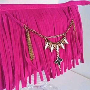 CROSSBODY Fringed Purse Fuscia Pink BOHEMIAN Beaded Chain Flower Charm Gypsy